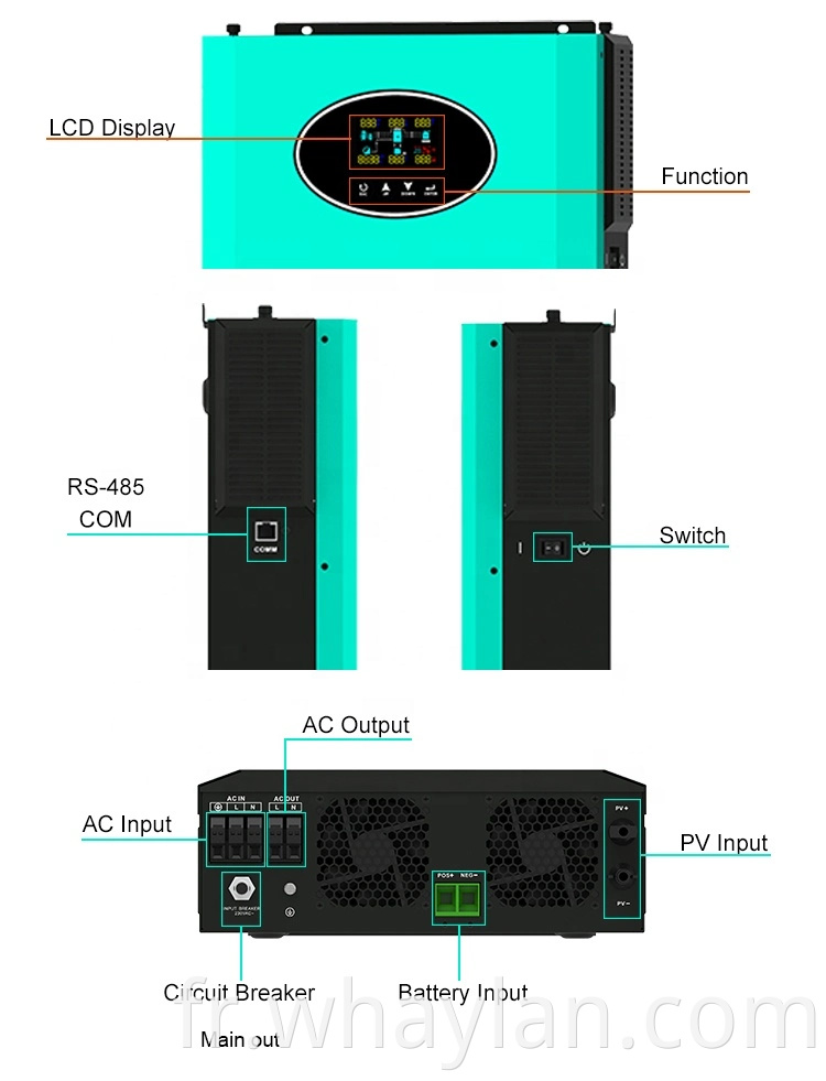 Système d'énergie solaire de haute qualité Whaylan Hybride intérieur 2KW Efficacité Off-Grid Solar Onduleur avec contrôleur solaire MPPT